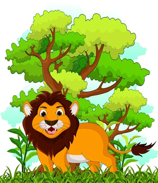 Desenhos animados do leão com fundo da floresta — Vetor de Stock
