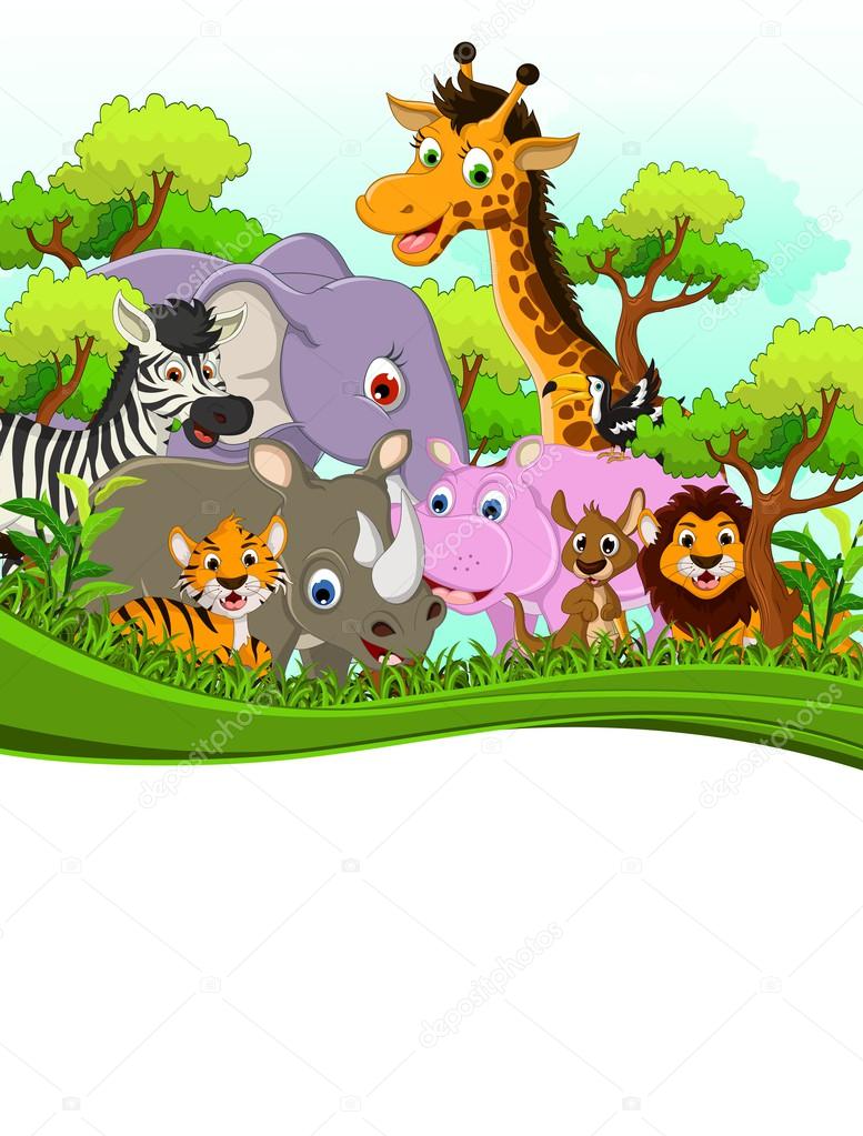 Animals cartoon with blank sign and forest background