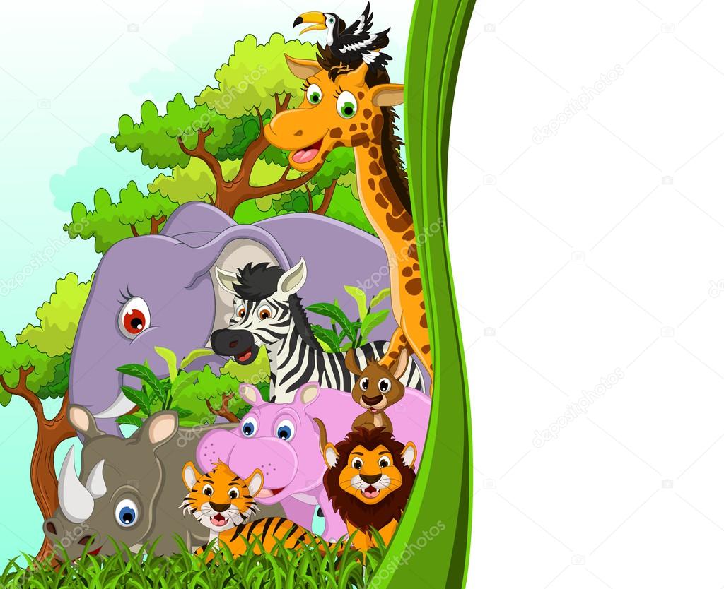 Animals cartoon with blank sign and forest background