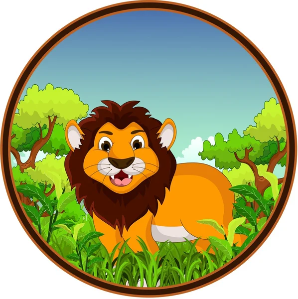 Caricature de lion avec fond de forêt — Image vectorielle