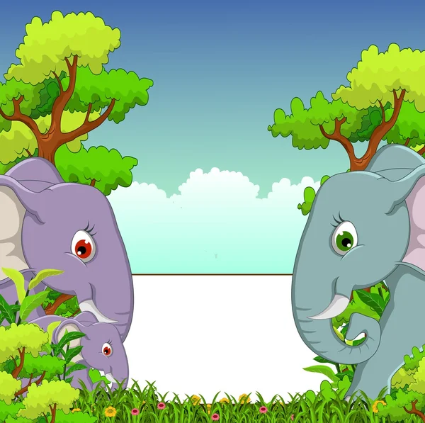 Pareja elefante de dibujos animados con el signo en blanco bosque de fondo — Archivo Imágenes Vectoriales