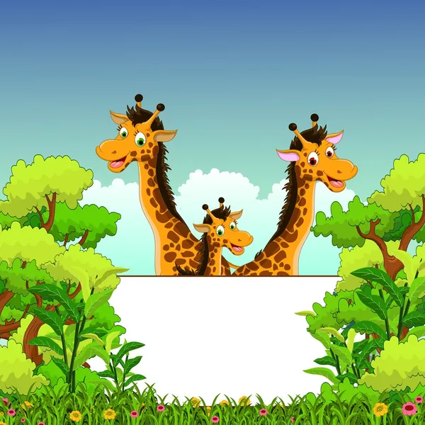 Family of giraffe cartoon with blank sign and forest background — Stock Vector