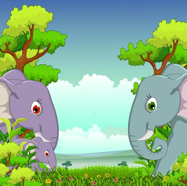 Couple éléphant dessin animé avec fond de forêt — Image vectorielle