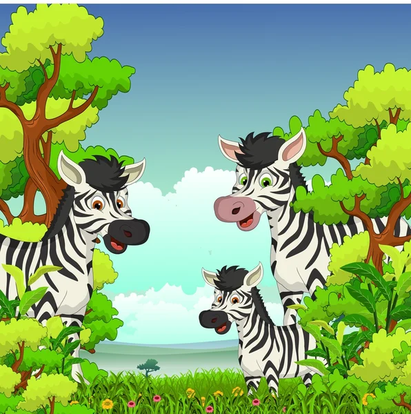 Famiglia di cartoni animati Zebra con sfondo foresta — Vettoriale Stock