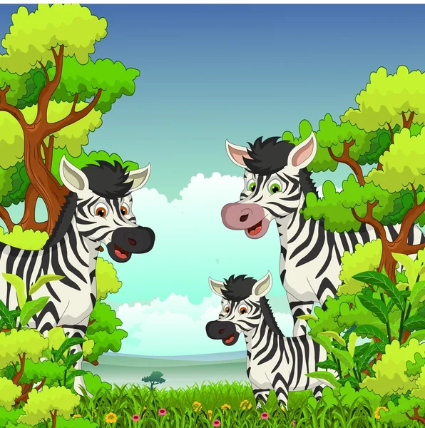 Família de desenhos animados Zebra com fundo da floresta —  Vetores de Stock