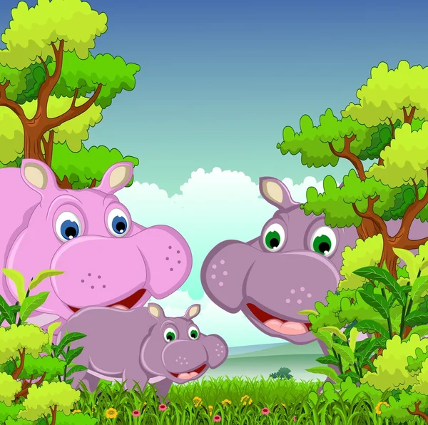 Hippo cartoon with forest background — Stock Vector