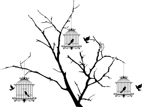 Silhouette d'arbre avec des oiseaux volant et oiseau dans une cage — Image vectorielle