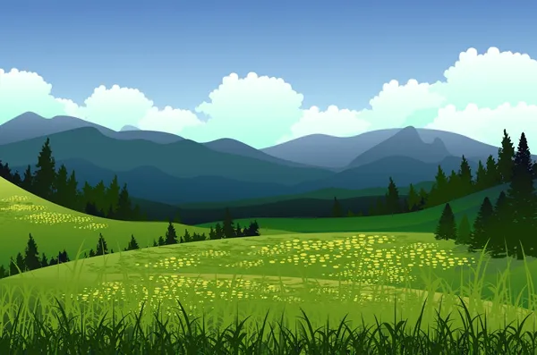 Paisaje de belleza con bosque de pinos y fondo de montaña — Vector de stock