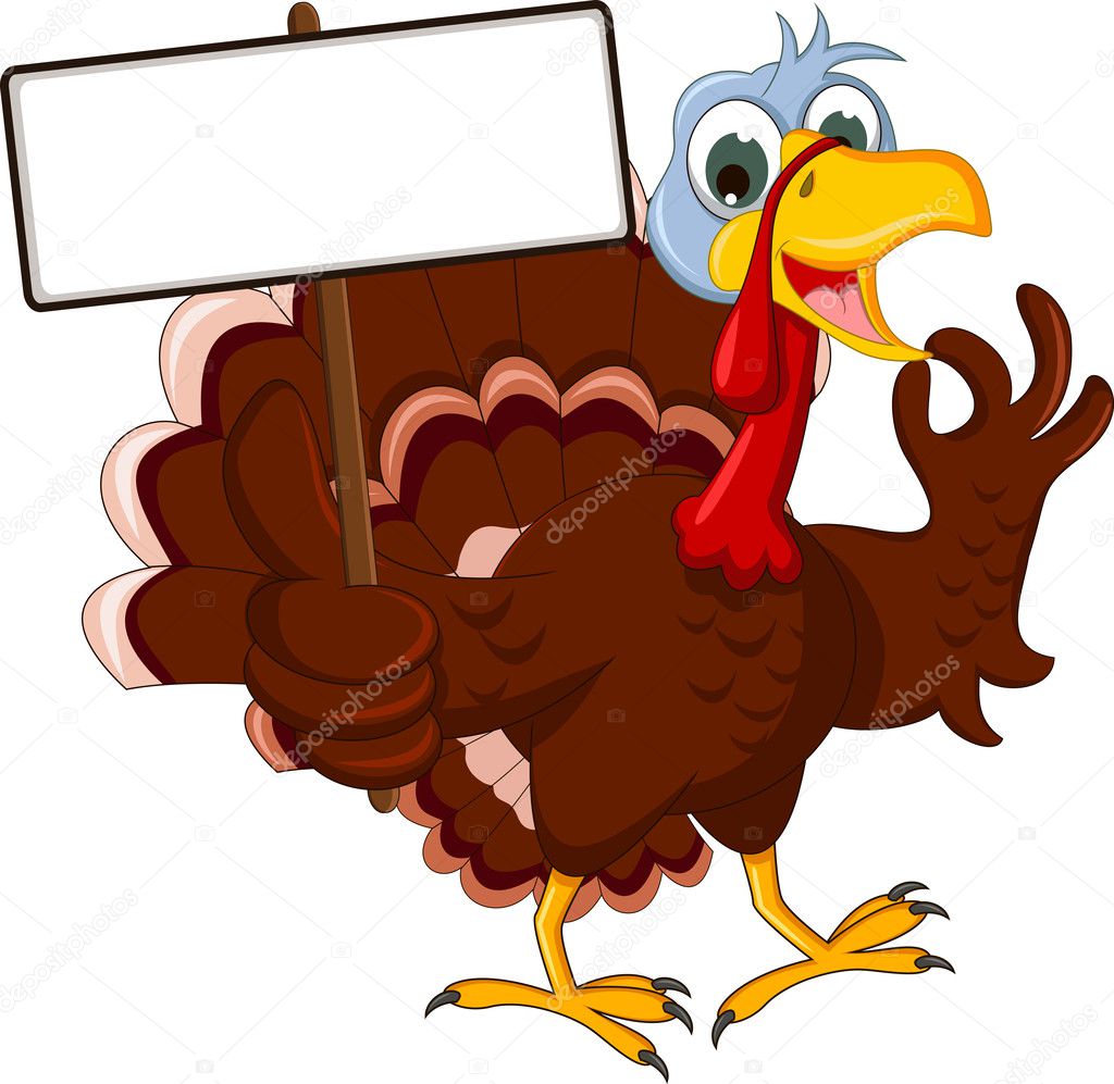 Funny Turkey Cartoon Posing with blank sign