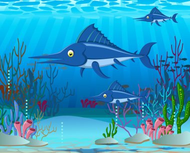 Deniz hayat arka plan ile Marlin karikatür