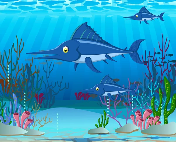 Marlin dessin animé avec fond de vie marine — Image vectorielle