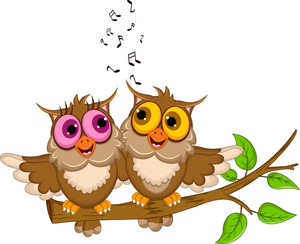 Cute couple owl cartoon singing — Stock Vector
