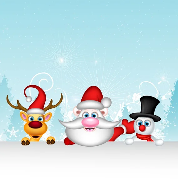 Père Noël avec rennes et bonhomme de neige dans le paysage hivernal — Image vectorielle