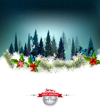 Christmas background with Christmas tree and butterfly clipart