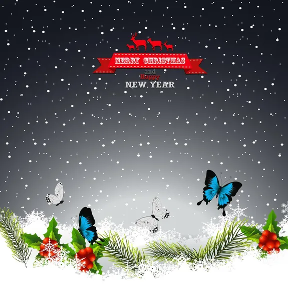 Christmas wenskaart met butterfly ' and ' pine blad in de sneeuw — Stockvector