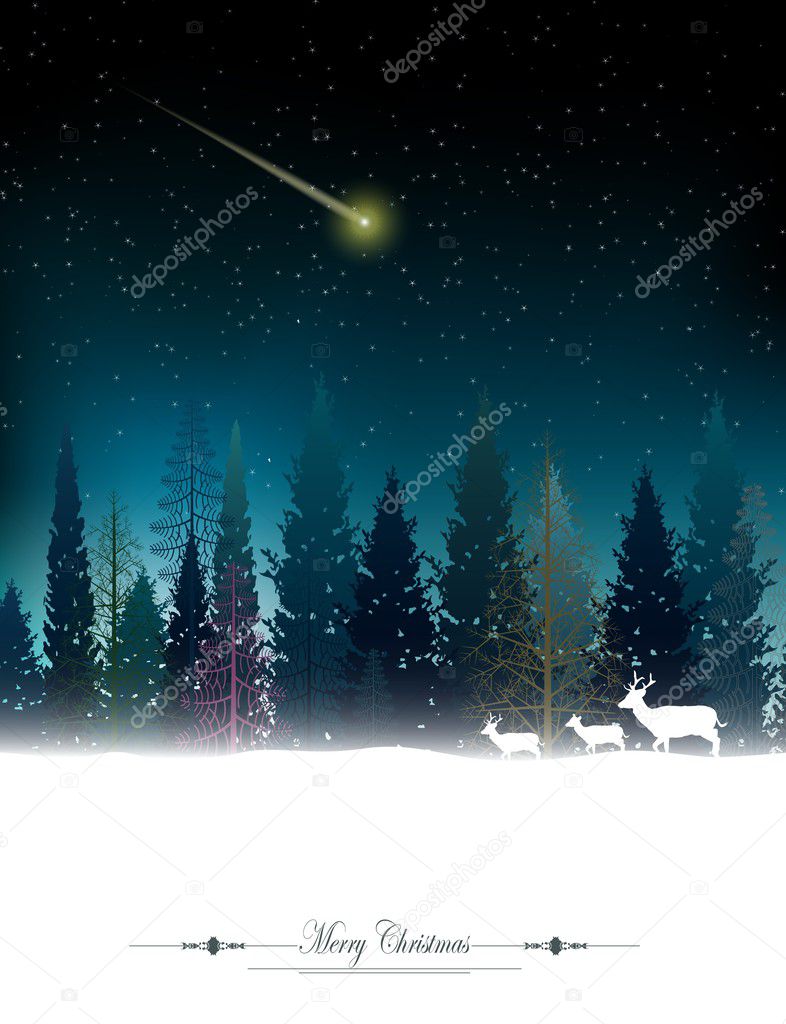 Christmas background with pine forest and deer family