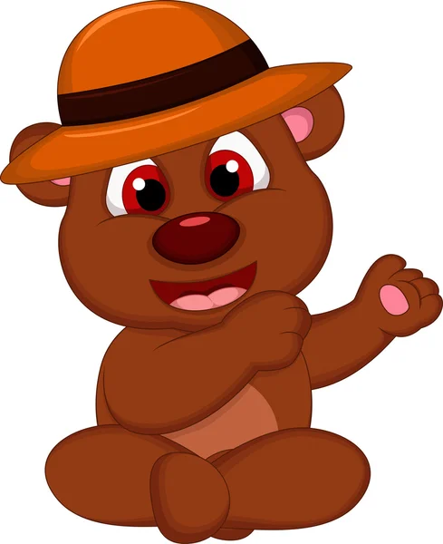 Bonita caricatura oso marrón con sombrero posando — Vector de stock