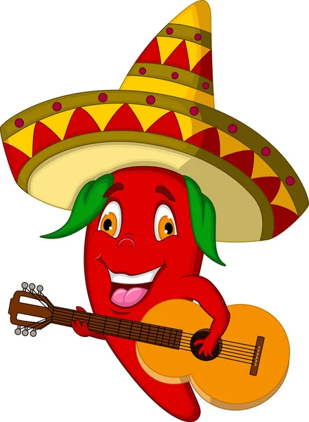 Red Chili Pepper Cartoon Character With Mexican Hat And Mustache Playing A Guitar — Stock Vector