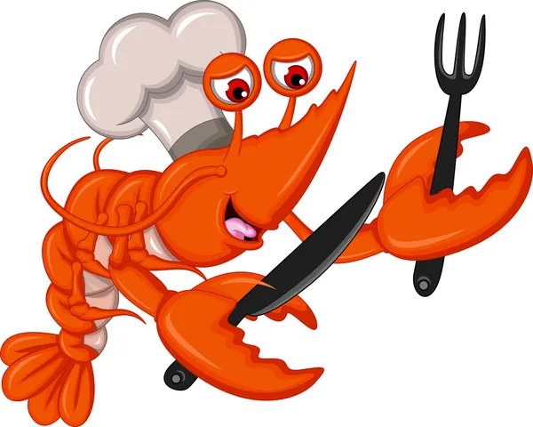 Cartoon Chef udang dengan garpu dan pisau - Stok Vektor