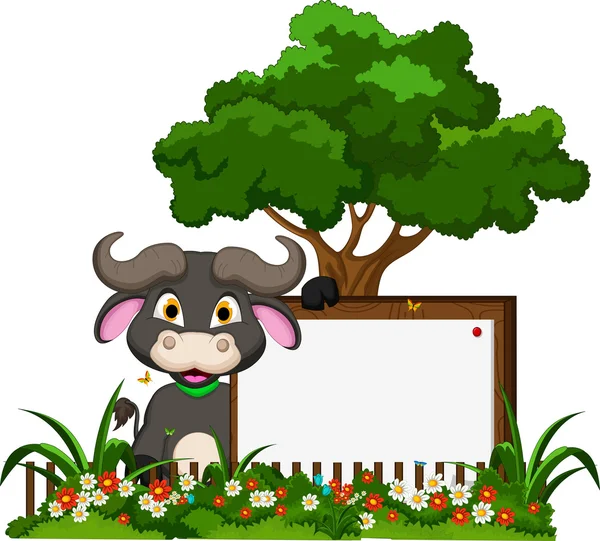 Caricatura de búfalo con signo en blanco y jardín de flores — Vector de stock