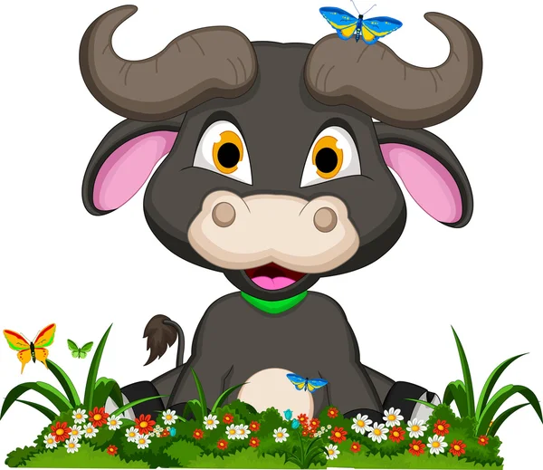 Buffalo cartone animato seduto sul giardino dei fiori — Vettoriale Stock