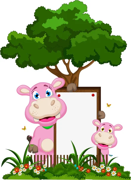 Cute hippo cartoon with blank sign in garden — Stock Vector