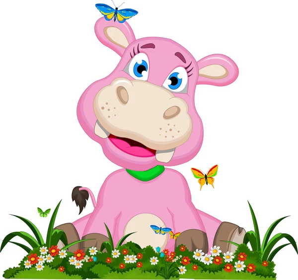 Schattig hippo cartoon met bloemen — Stockvector