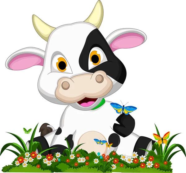 Linda vaca de dibujos animados en el jardín de flores — Vector de stock