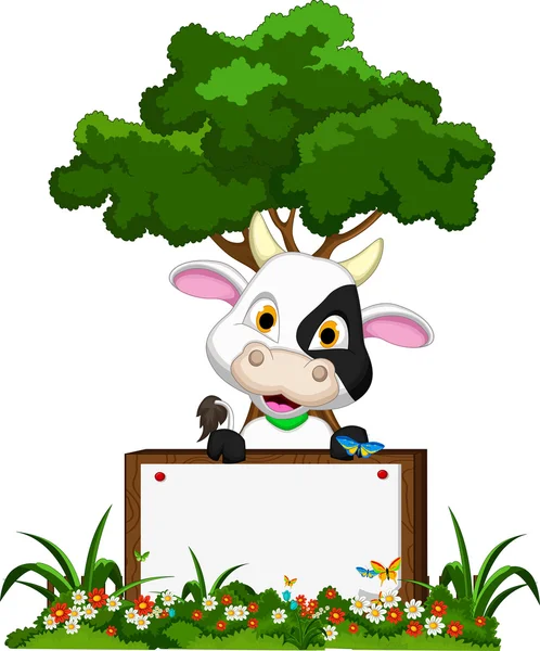 Roztomilý kráva karikatura na květinovou zahradu s prázdné desky — Stockový vektor