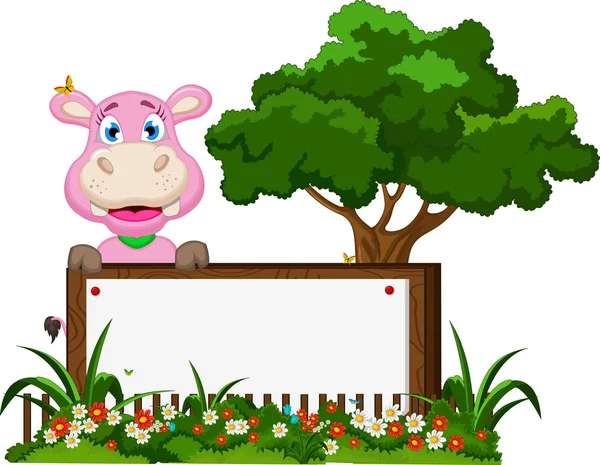 Linda caricatura hipopótamo con signo en blanco en el jardín — Vector de stock