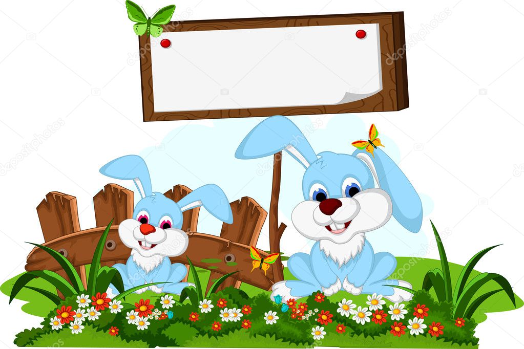 Cute couple rabbit cartoon with blank board in flower garden