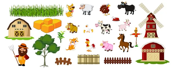Çiftçi, çiftlik hayvanları ve ilgili öğeleri gösteren resim — Stockvector