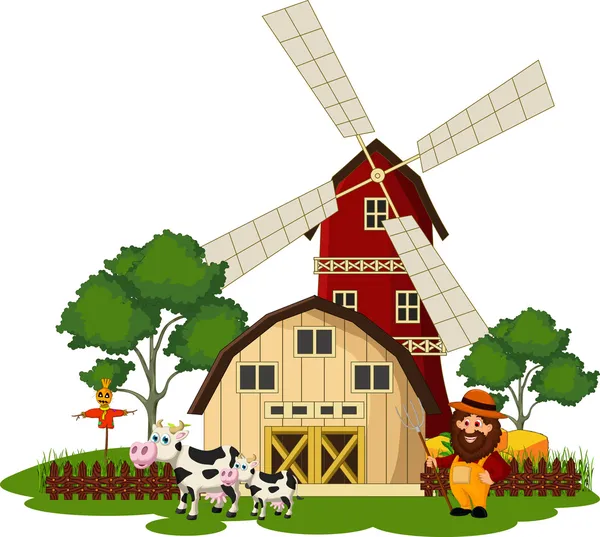 Agricultor y vaca en la granja — Vector de stock