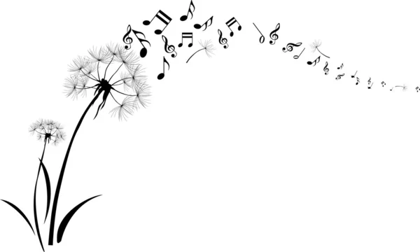 Dandelions com música nota voando sobre fundo branco —  Vetores de Stock