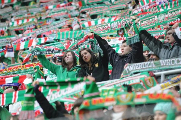 Wroclaw, POLAND - March 17: Match T-Mobile Ekstraklasa between Wks Slask Wroclaw and Podbeskidzie Bielsko-Biala, supporters with scarf of Wks Slask Wroclaw in action on March 17, 2013 in Wroclaw, Pol — Stock Photo, Image