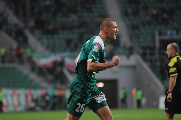 WROCLAW, POLÓNIA - 25 de novembro: Kazimierczak após marcar um gol, Slask Wroclaw vs Jagielonia Bialystok em 25 de novembro de 2012 em Wroclaw, Polônia . — Fotografia de Stock