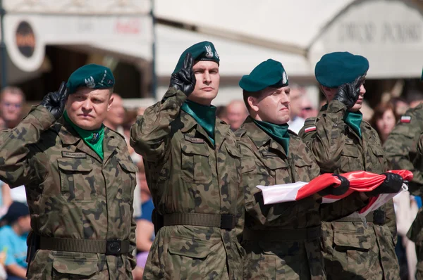 Wroclaw - 15 srpen: voják pozdrav s polské vlajky v ruce (den polské armády) na srpen 2013 15 v wroclaw, Polsko — Stock fotografie