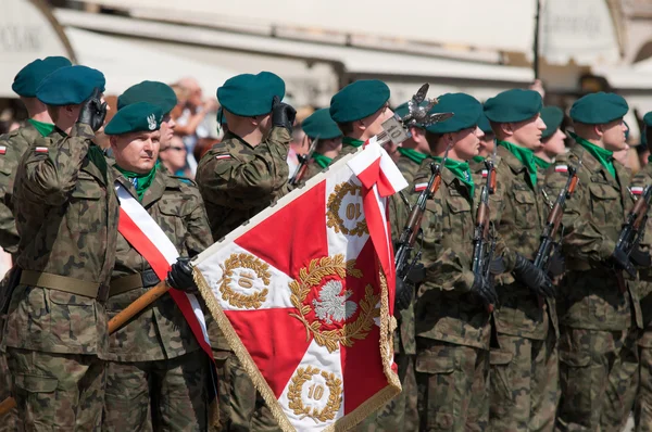 弗罗茨瓦夫-8 月 15： 士兵敬礼与波兰徽章 （天波兰军队） 在 8 月 15 2013 年弗罗茨瓦夫，波兰 — 图库照片