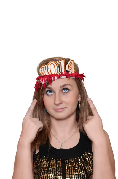 Attractive young woman with new year 2014 on head — Stock Photo, Image
