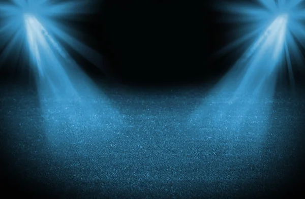 Blue cold light soccer field, bright spotlights, illuminated stadium — Stock Photo, Image