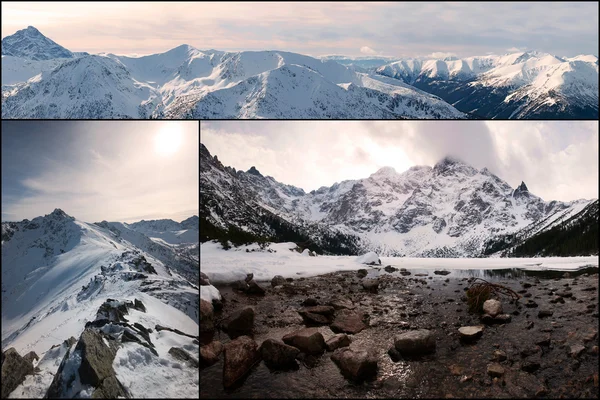 Collage de montaña, vista desde Kasprowy Wierch y Morskie Oko, Tatry, Polonia —  Fotos de Stock