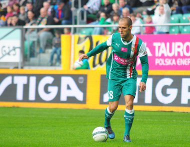 Wroclaw. Polonya - 12 Nisan: maç t-mobile ekstraklasa wks slask wroclaw ve lechia gdansk. Flavio paxaio april12, 2014 yılında wroclaw üzerinde. Polonya.