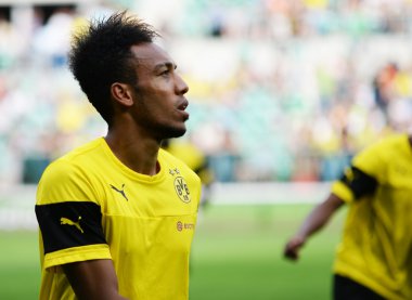 Wroclaw. Polonya - Ağustos 06: maç wks slask wroclaw ve borussia arasında dostça dortmund. Pierre-emerick aubameyang Ağustos 06, 2014 yılında wroclaw. Polonya.
