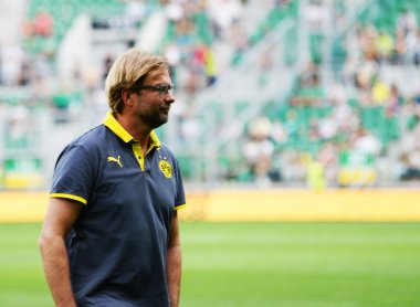 Wroclaw. Polonya - Ağustos 06: maç wks slask wroclaw ve borussia arasında dostça dortmund. Ağustos 06, Jürgen klopp 2014 yılında wroclaw. Polonya.