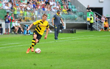 Wroclaw. Polonya - Ağustos 06: maç wks slask wroclaw ve borussia arasında dostça dortmund. Ağustos 06, Lukasz piszczek 2014 yılında wroclaw. Polonya.
