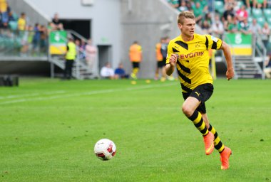 Wroclaw. Polonya - Ağustos 06: maç wks slask wroclaw ve borussia arasında dostça dortmund. Ağustos 06, Lukasz piszczek 2014 yılında wroclaw. Polonya.