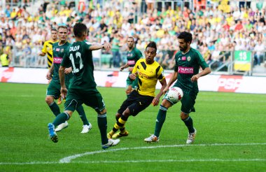 Wroclaw. Polonya - Ağustos 06: maç wks slask wroclaw ve borussia arasında dostça dortmund. Pierre-emerick aubameyang Ağustos 06, 2014 yılında wroclaw. Polonya.