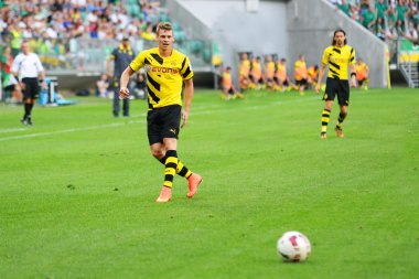 Wroclaw. Polonya - Ağustos 06: maç wks slask wroclaw ve borussia arasında dostça dortmund. Ağustos 06, Lukasz piszczek 2014 yılında wroclaw. Polonya.