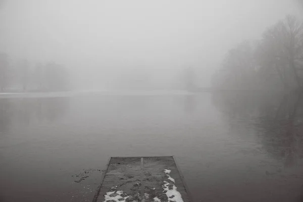 Озерный Пирс Зимний Тяжелый Туман Черный Белый — стоковое фото