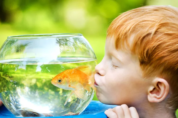 Хлопчик з золота рибка — стокове фото